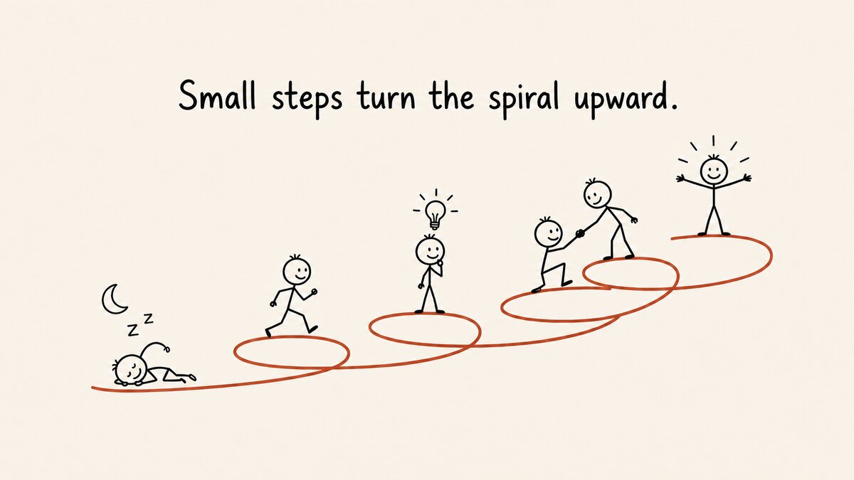 Small steps turn the spiral upward · illustration