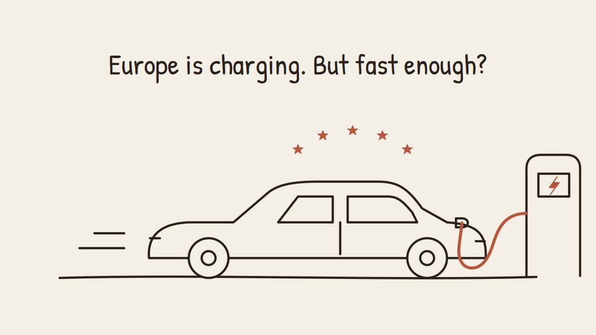 Illustration: an electric car at a charging point, European stars above. Europe is charging. But fast enough?