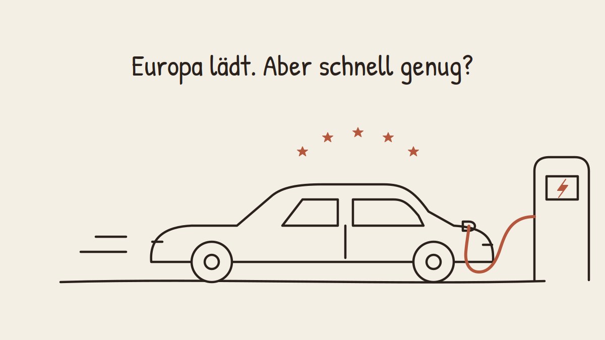 Illustration: Ein Elektroauto an einer Ladesäule, darüber europäische Sterne. Europa lädt. Aber schnell genug?