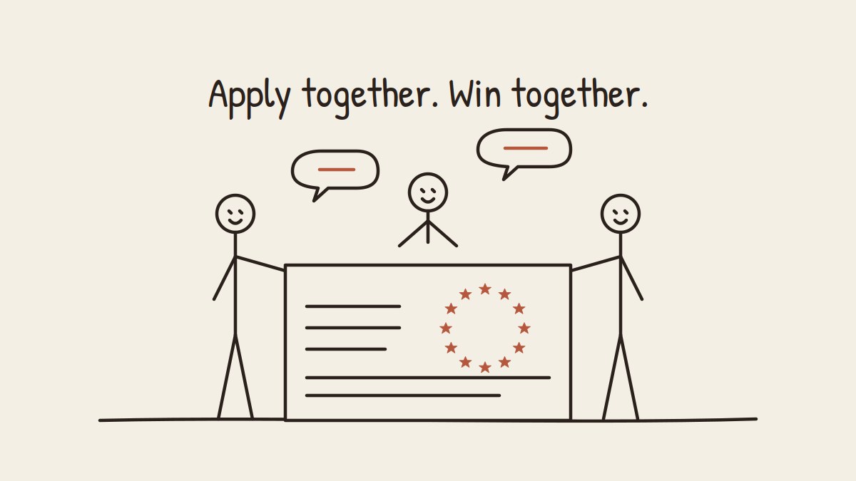 Illustration: three stick figures jointly holding a proposal with a ring of European stars. Apply together. Win together.